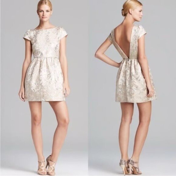Alice + Olivia Dress Size 4 Nelly Metallic Jacquard Champagne Gold Open Back - Picture 1 of 16